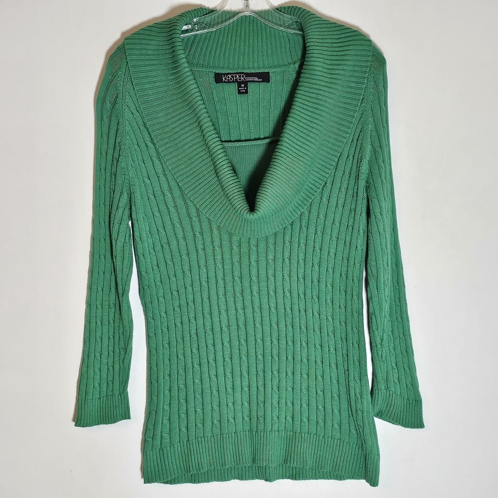 Kasper Sweater Womens Medium Green Cowl Neck Cable Knit Ribbed Pullover Top